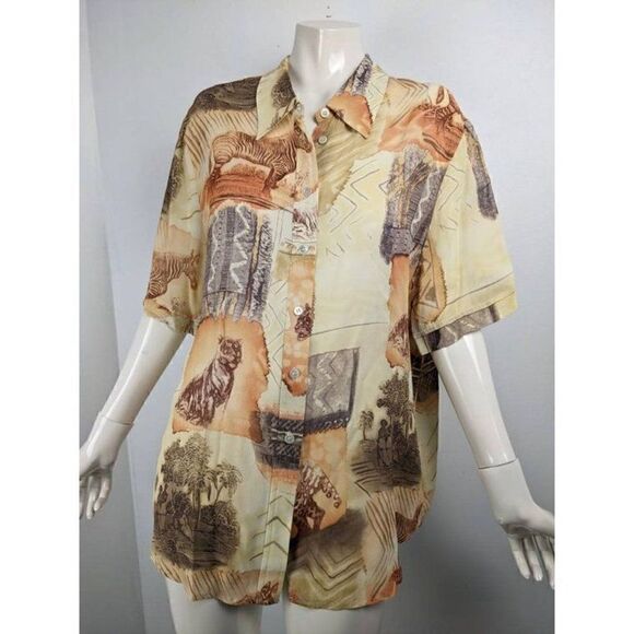 Sheer summer blouse with safari print Vintage 90s button down size medium - Picture 5 of 8
